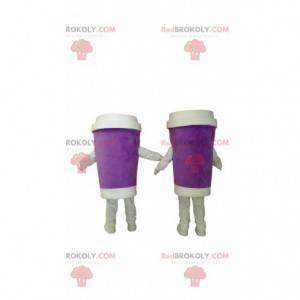 Dupla de mascote de caneca de café roxa para viagem -