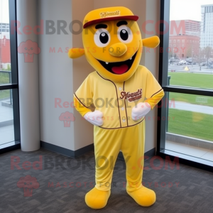 Yellow Steak mascot costume character dressed with a Baseball Tee and Pocket squares