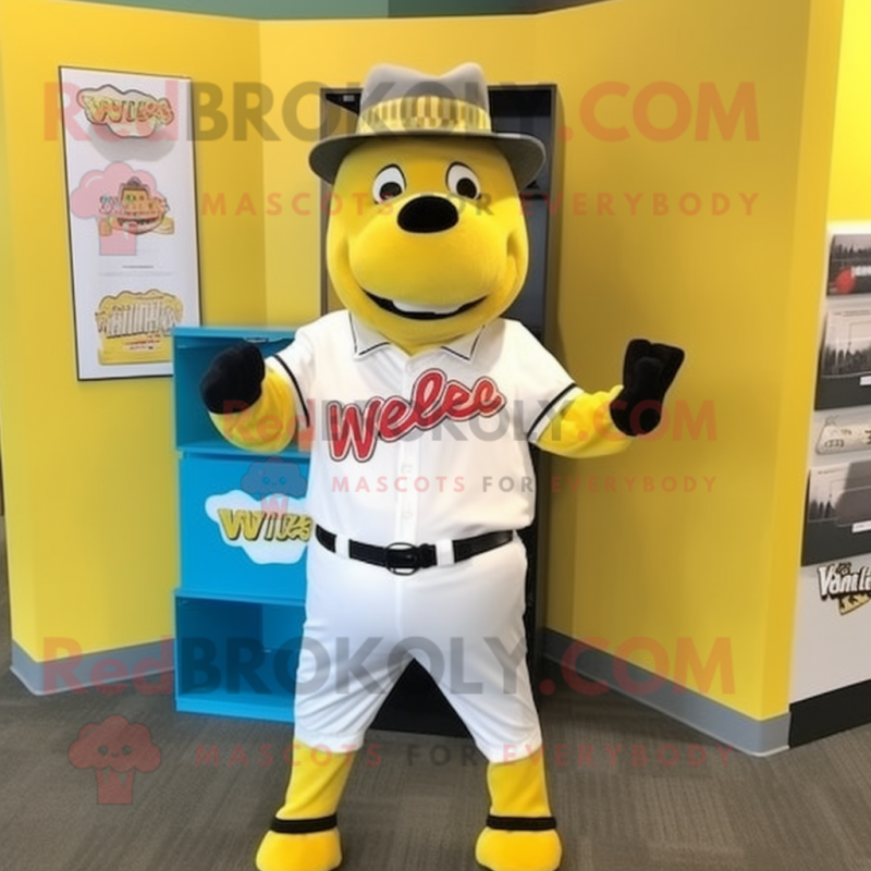 Yellow Steak mascot costume character dressed with a Baseball Tee and Pocket squares Yellow Steak mascot costume character dressed with a Baseball Tee and Pocket squares