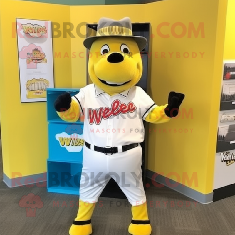 Yellow Steak mascot costume character dressed with a Baseball Tee and Pocket squares