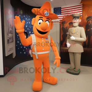 Orange American Soldier mascot costume character dressed with a Shift Dress and Ties