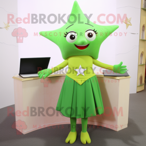Green Starfish mascot costume character dressed with a Pencil Skirt and Clutch bags