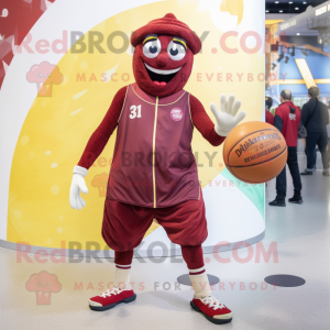 Maroon Falafel mascot costume character dressed with a Joggers and Rings