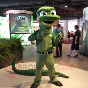 Forest Green Snake mascot costume character dressed with a Dress Shirt and Caps