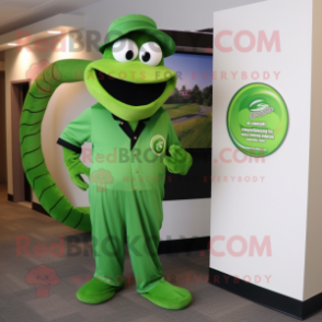 Forest Green Snake mascot costume character dressed with a Dress Shirt and Caps