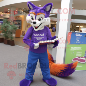 Purple Fox mascot costume character dressed with a Mom Jeans and Reading glasses