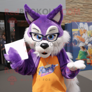 Purple Fox mascot costume character dressed with a Mom Jeans and Reading glasses