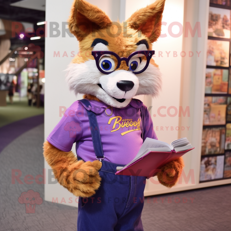 Purple Fox mascot costume character dressed with a Mom Jeans and Reading glasses