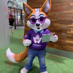 Purple Fox mascot costume character dressed with a Mom Jeans and Reading glasses