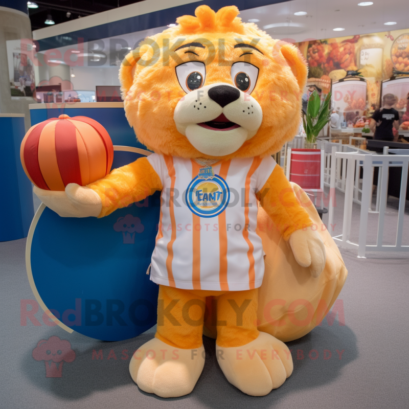 Peach Tamer Lion mascot costume character dressed with a Henley Tee and Wraps Peach Tamer Lion mascot costume character dressed with a Henley Tee and Wraps
