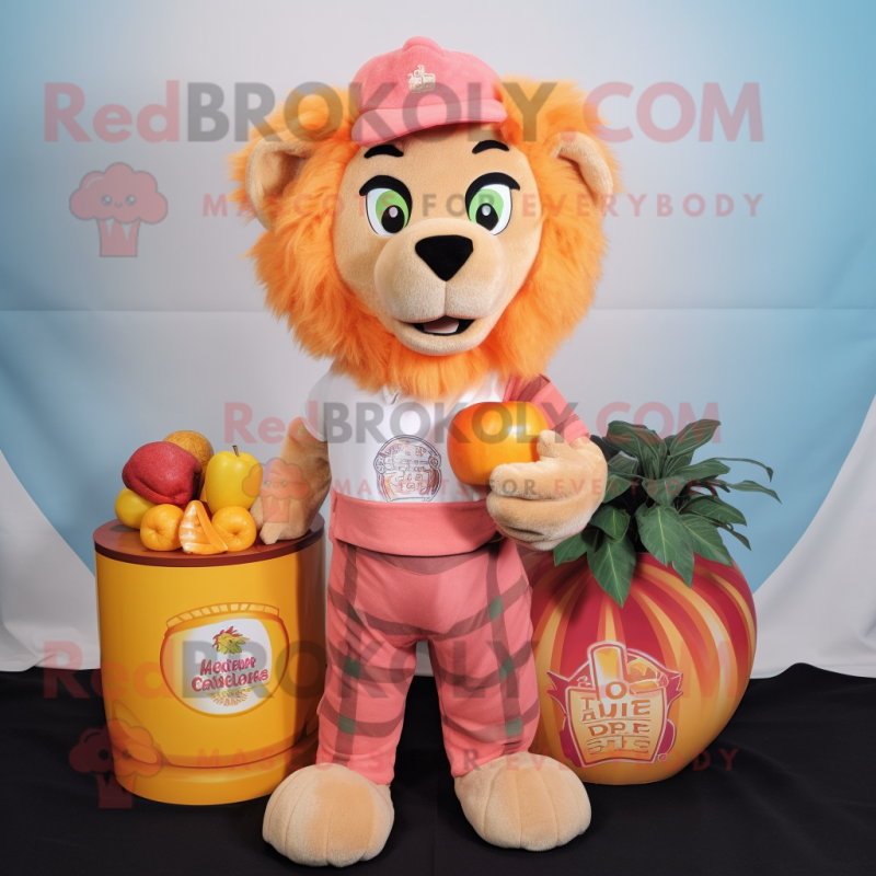 Peach Tamer Lion mascot costume character dressed with a Henley Tee and Wraps Peach Tamer Lion mascot costume character dressed with a Henley Tee and Wraps