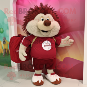 Maroon Hedgehog mascot costume character dressed with a Bermuda Shorts and Clutch bags