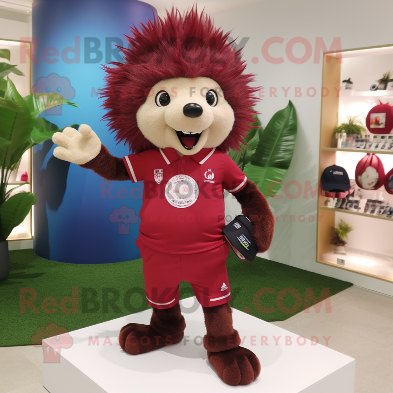 Maroon Hedgehog mascot costume character dressed with a Bermuda Shorts and Clutch bags