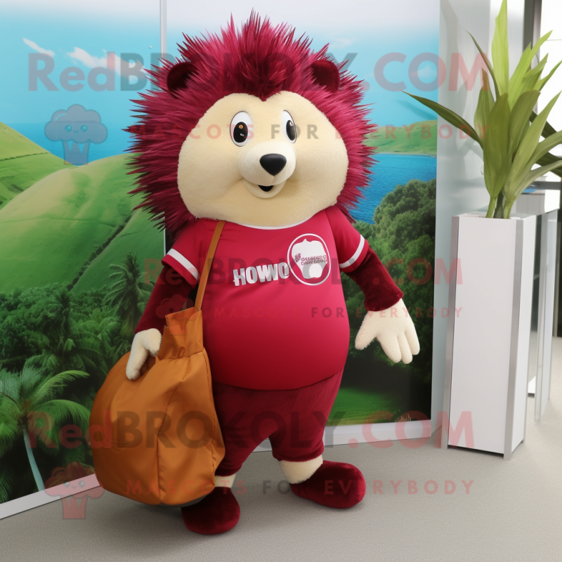 Maroon Hedgehog mascot costume character dressed with a Bermuda Shorts and Clutch bags