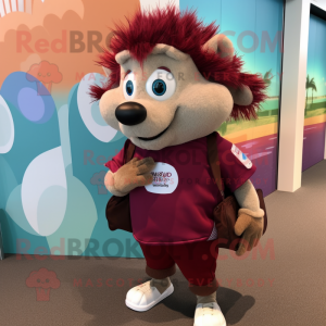 Maroon Hedgehog mascot costume character dressed with a Bermuda Shorts and Clutch bags