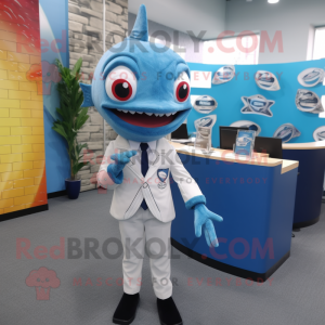 Sky Blue Barracuda mascot costume character dressed with a Oxford Shirt and Tie pins