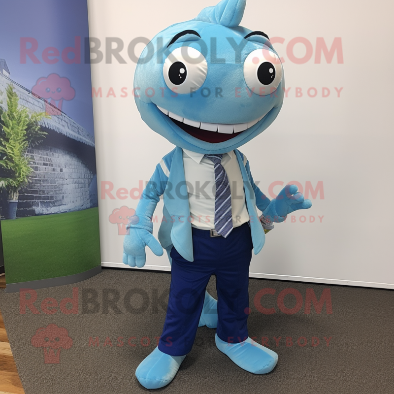 Sky Blue Barracuda mascot costume character dressed with a Oxford Shirt and Tie pins