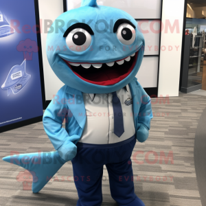 Sky Blue Barracuda mascot costume character dressed with a Oxford Shirt and Tie pins