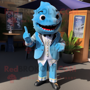 Sky Blue Barracuda mascot costume character dressed with a Oxford Shirt and Tie pins
