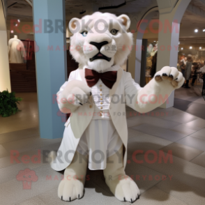 White Smilodon mascot costume character dressed with a Empire Waist Dress and Bow ties