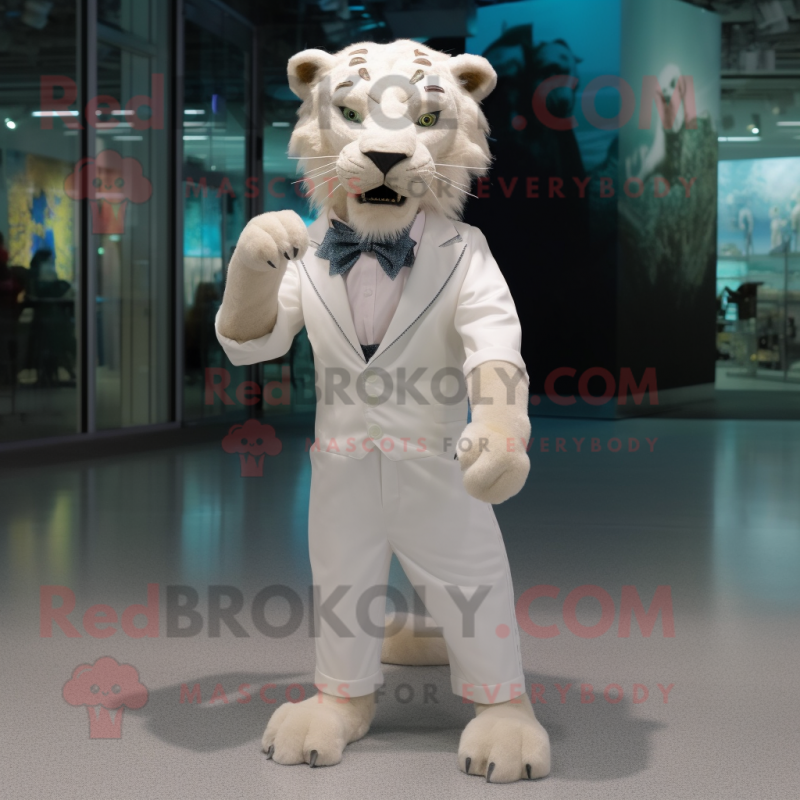White Smilodon mascot costume character dressed with a Empire Waist Dress and Bow ties