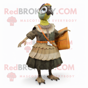 Olive Guinea Fowl mascot costume character dressed with a A-Line Skirt and Wallets