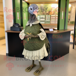 Olive Guinea Fowl mascot costume character dressed with a A-Line Skirt and Wallets