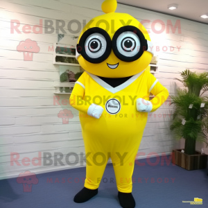 Lemon Yellow Wrist Watch mascot costume character dressed with a Jumpsuit and Eyeglasses