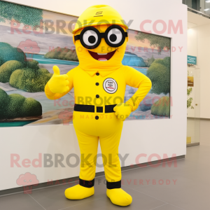 Lemon Yellow Wrist Watch mascot costume character dressed with a Jumpsuit and Eyeglasses