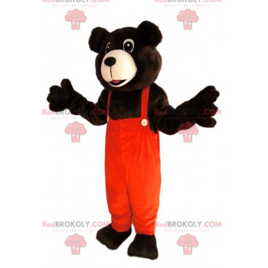 Brun björnmaskot med orange overaller - Redbrokoly.com