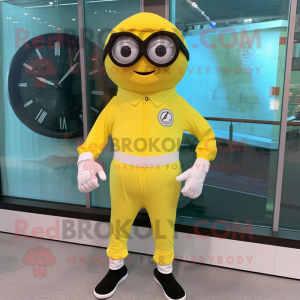Lemon Yellow Wrist Watch mascot costume character dressed with a Jumpsuit and Eyeglasses