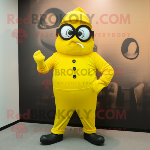 Lemon Yellow Wrist Watch mascot costume character dressed with a Jumpsuit and Eyeglasses