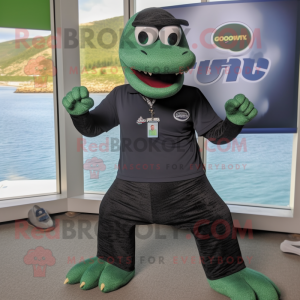 Black Loch Ness Monster mascot costume character dressed with a Bermuda Shorts and Smartwatches