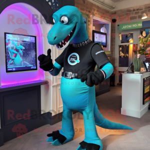 Black Loch Ness Monster mascot costume character dressed with a Bermuda Shorts and Smartwatches