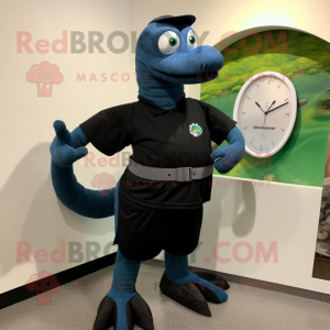 Black Loch Ness Monster mascot costume character dressed with a Bermuda Shorts and Smartwatches
