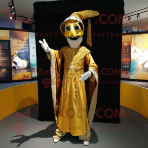 Gold Stilt Walker mascot costume character dressed with a Vest and Shawls