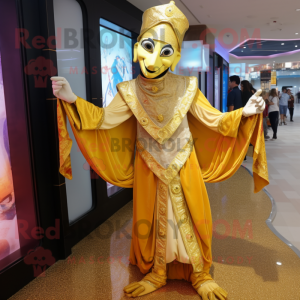 Gold Stilt Walker mascot costume character dressed with a Vest and Shawls