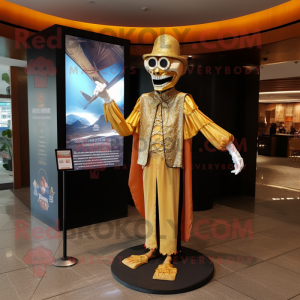 Gold Stilt Walker mascot costume character dressed with a Vest and Shawls