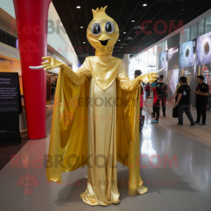 Gold Stilt Walker mascot costume character dressed with a Vest and Shawls