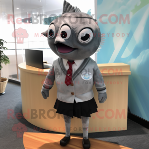 Gray Tuna mascot costume character dressed with a Pencil Skirt and Tie pins