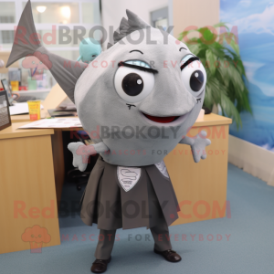 Gray Tuna mascot costume character dressed with a Pencil Skirt and Tie pins