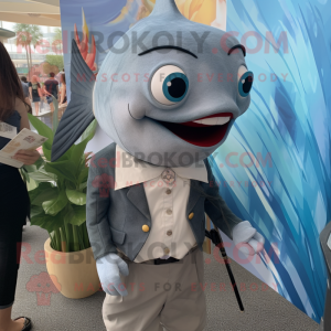 Gray Tuna mascot costume character dressed with a Pencil Skirt and Tie pins