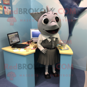 Gray Tuna mascot costume character dressed with a Pencil Skirt and Tie pins