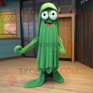 Forest Green Squid mascot costume character dressed with a Skinny Jeans and Shawls