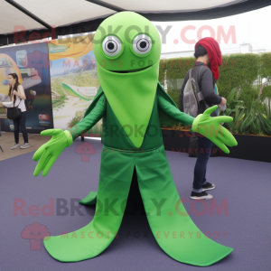 Forest Green Squid mascot costume character dressed with a Skinny Jeans and Shawls