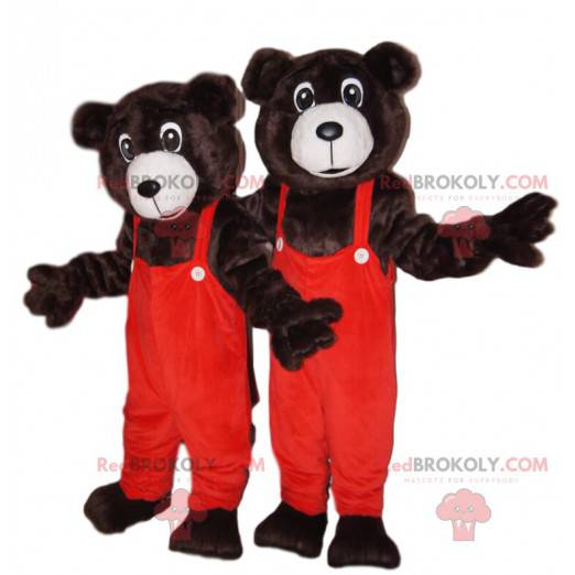 Braunbärenmaskottchen mit orangefarbenem Overall -