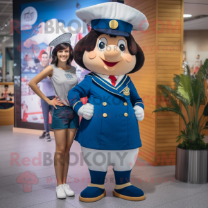 Navy Queen mascot costume character dressed with a Denim Shorts and Berets