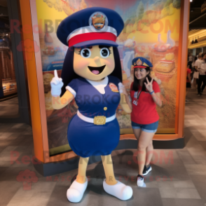 Navy Queen mascot costume character dressed with a Denim Shorts and Berets