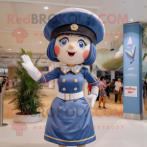 Navy Queen mascot costume character dressed with a Denim Shorts and Berets