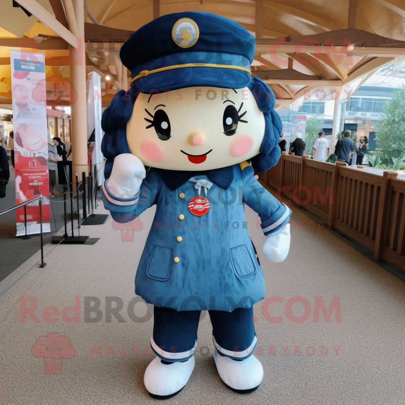 Navy Queen mascot costume character dressed with a Denim Shorts and Berets Navy Queen mascot costume character dressed with a Denim Shorts and Berets